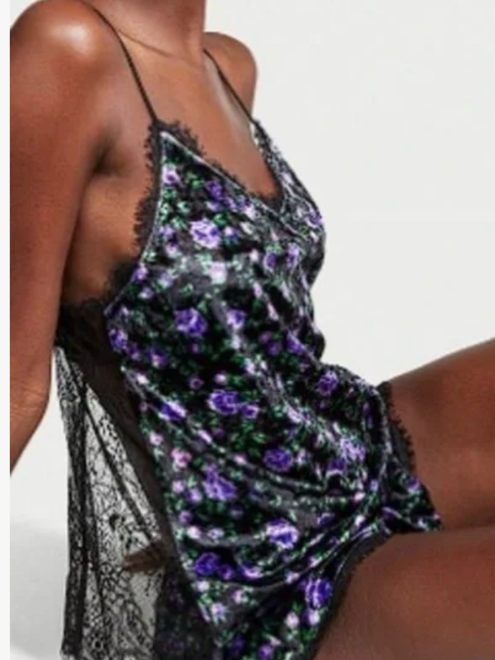 Victoria's Secret Black Velvet Floral cami shorts pajama Purple & Green Print M